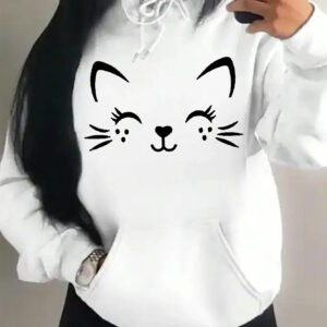 Simple Word Cat Smile Pattern Women Hoodie ( White )