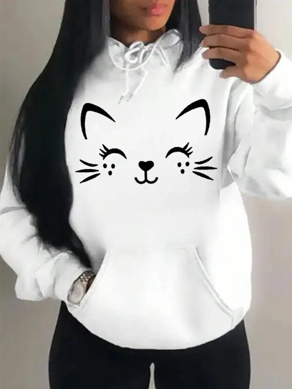 Simple Word Cat Smile Pattern Women Hoodie ( White )